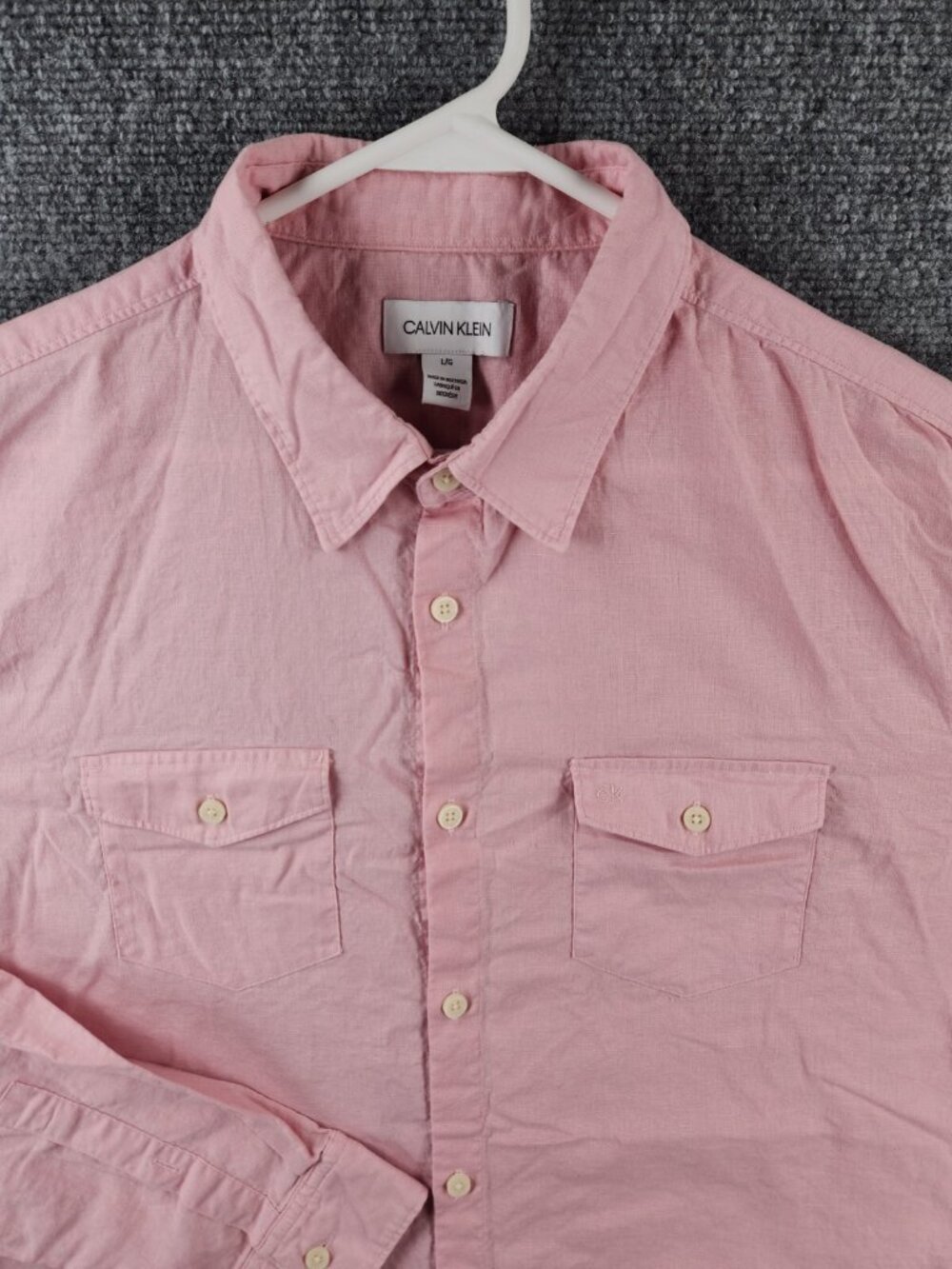 Calvin Klein Linen Cotton Long Sleeve Button Up Shirt Large Pink Solid Pockets